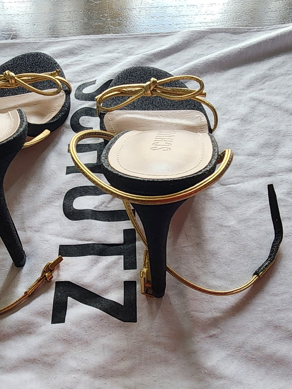 Schutz Black Heeled Sandals with Gold Bow and Ankle Tie - Picture 9 of 10